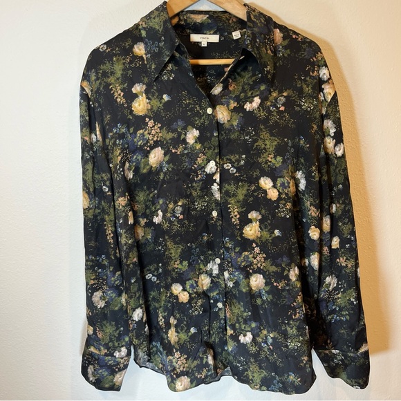 Vince Rose Field collar blouse 100% silk Floral Black Button Up Quiet Luxury XL